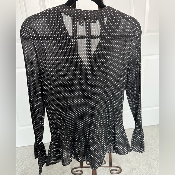 Elegant black with white dots, ruffle front V neck button down blouse - Picture 3 of 6